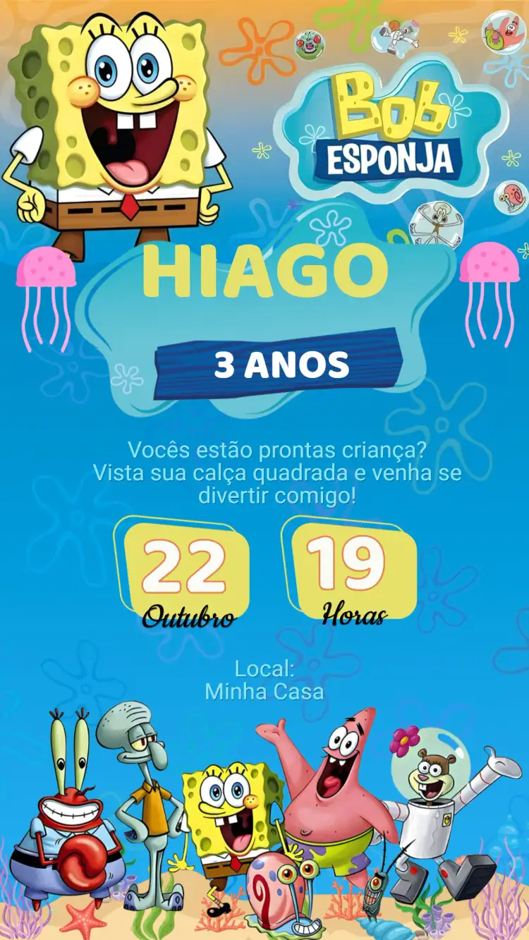 Convite Convite Aniversário Bob Esponja – tema Aniversário Infantil cores vibrantes, estilo cartoon, elementos marinhos, tema de desenho animado, design divertido, ilustrações coloridas