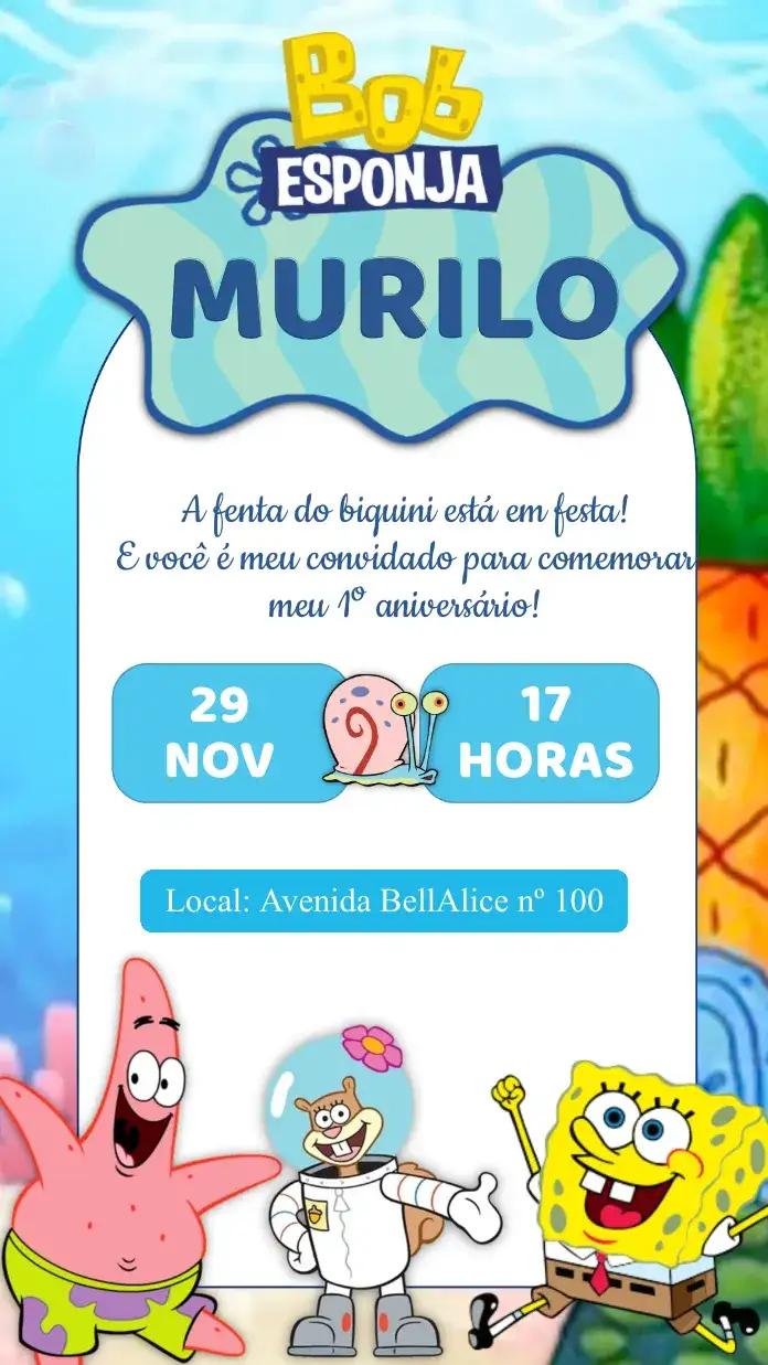 Convite Convite Aniversário Bob Esponja – tema Aniversário Infantil colorido, marinho, divertido, infantil, tropical