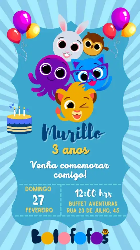 Invitación Convite Aniversário Bolofofos – tema Aniversário Infantil colorido, divertido, infantil, moderno, gráfico, azul