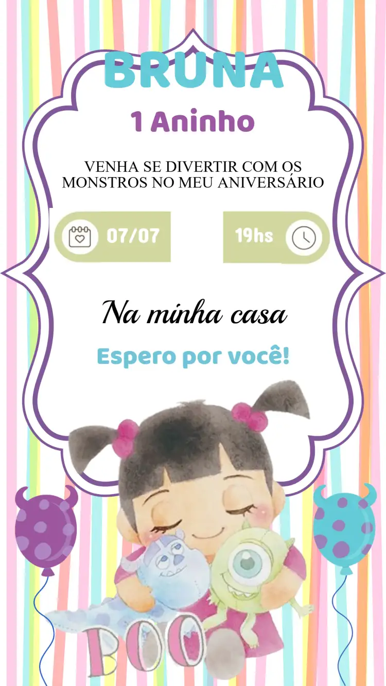 Convite Convite Aniversário Boo Monstros SA – tema Aniversário Infantil colorido, divertido, ilustrações de monstros, brincalhão, infantil