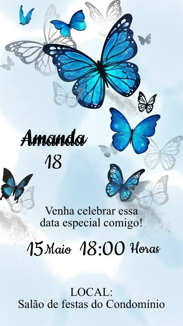 Convite Convite Aniversário Borboleta Azul – tema Aniversário floral, azul, elegante, delicado, moderno, místico