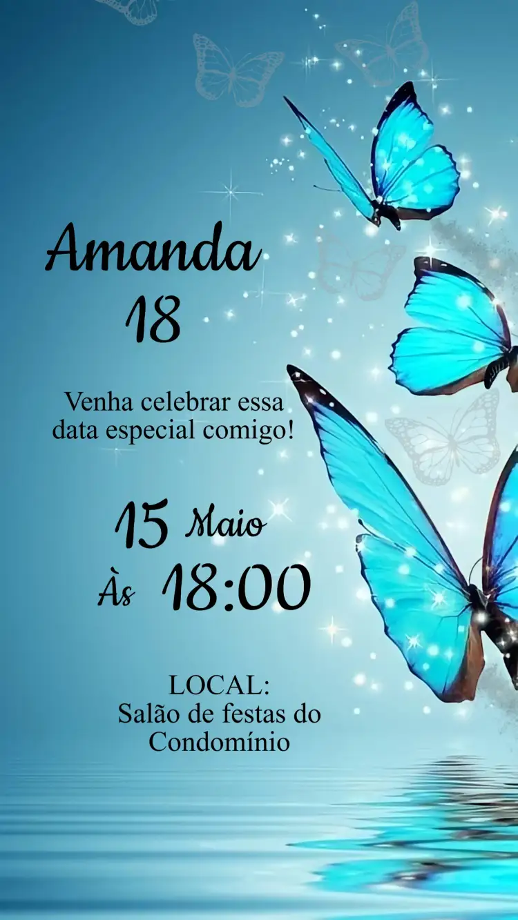Convite Convite Aniversário Borboleta Azul – tema Aniversário Infantil floral, colorido, brilhante, místico, delicado, infantil