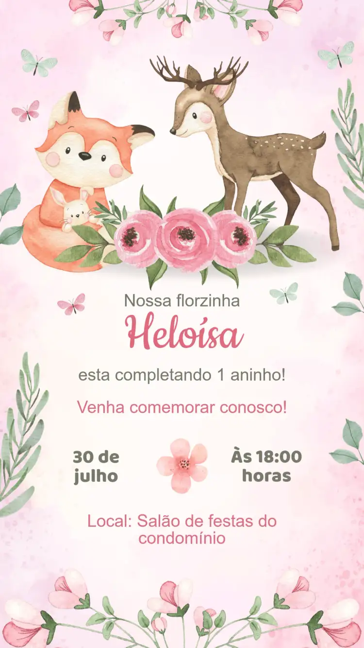 Convite Convite Aniversário Bosque Encantado – tema Aniversário Infantil cores suaves, elementos da natureza, ilustrações lúdicas, estilo mágico, design infantil, toque artesanal