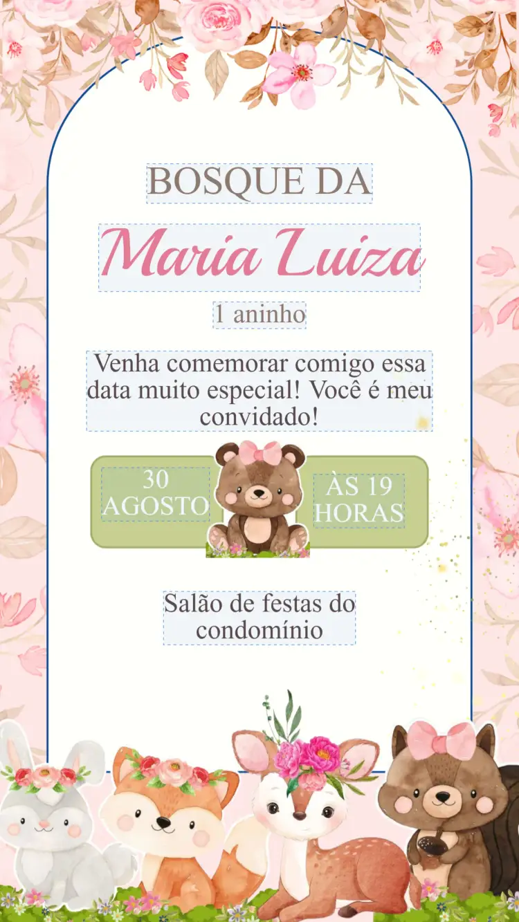 Convite Convite Aniversário Bosque Encantado – tema Aniversário Infantil natureza, fantasia, cores vibrantes, ilustrações, estilo lúdico