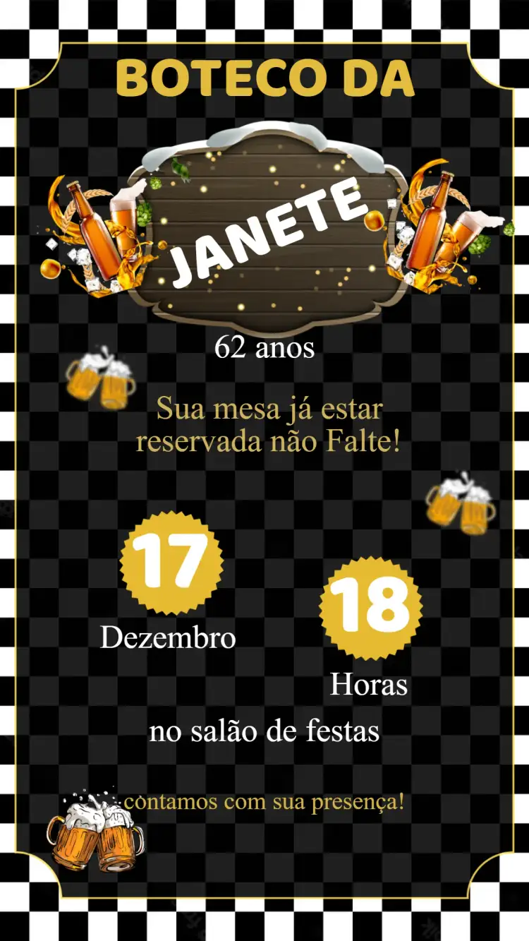 Convite Convite Aniversário Boteco – tema Aniversário Infantil cores vibrantes, estilo boêmio, elementos gráficos de festa, design alegre, ilustrações lúdicas, estilo descontraído
