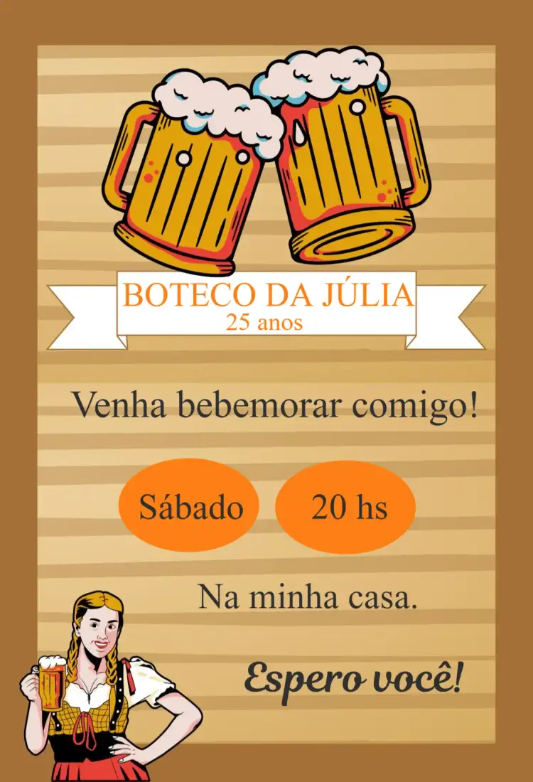 Convite Convite aniversário Boteco – tema Aniversário vibrante, descontraído, colorido, moderno, rústico, boêmio