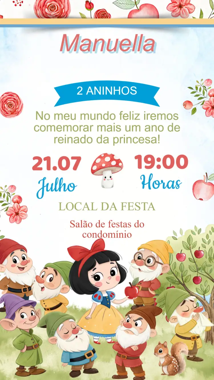 Convite Convite Aniversário Branca de Neve – tema Aniversário Infantil cores vibrantes, contos de fadas, elementos gráficos da Disney, ilustrações lúdicas, estilo encantador