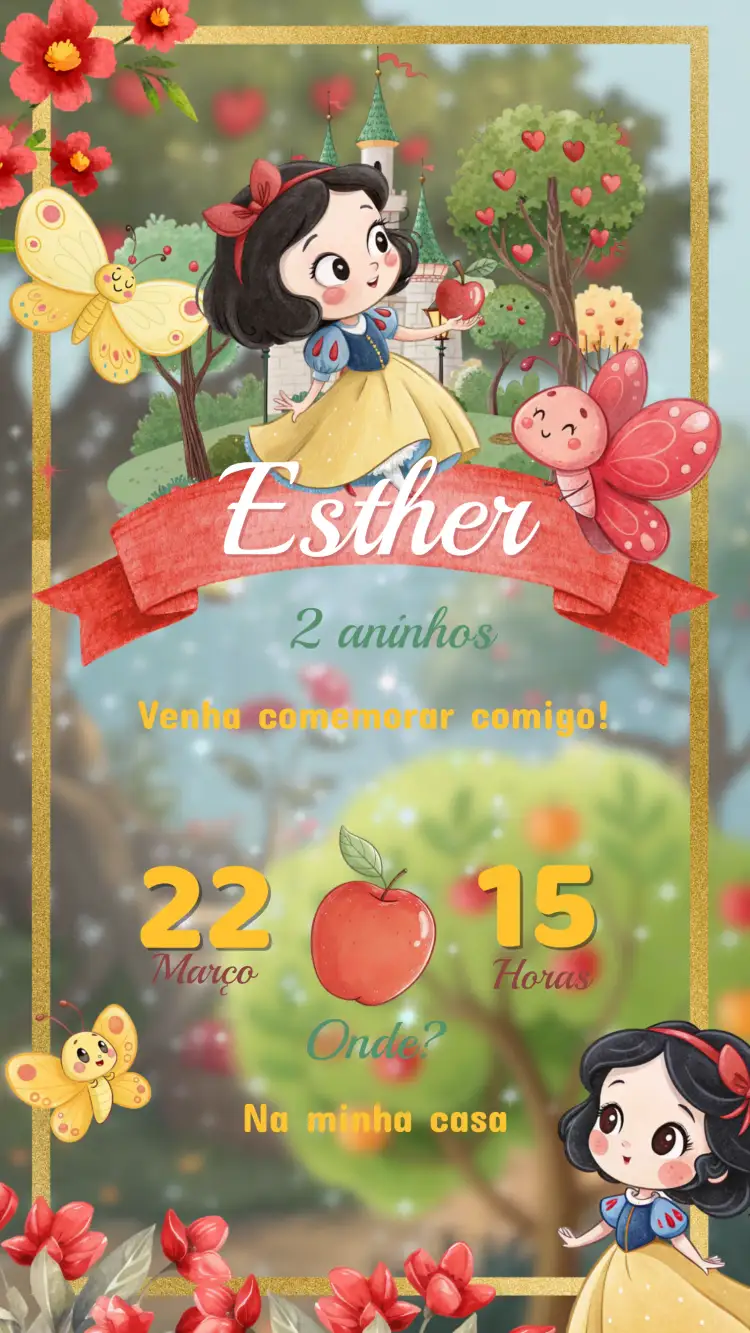 Convite Convite Aniversário Branca de Neve – tema Aniversário Infantil cores vibrantes, ilustrações de conto de fadas, estilo divertido, elementos gráficos encantadores, tema mágico, estilo infantil