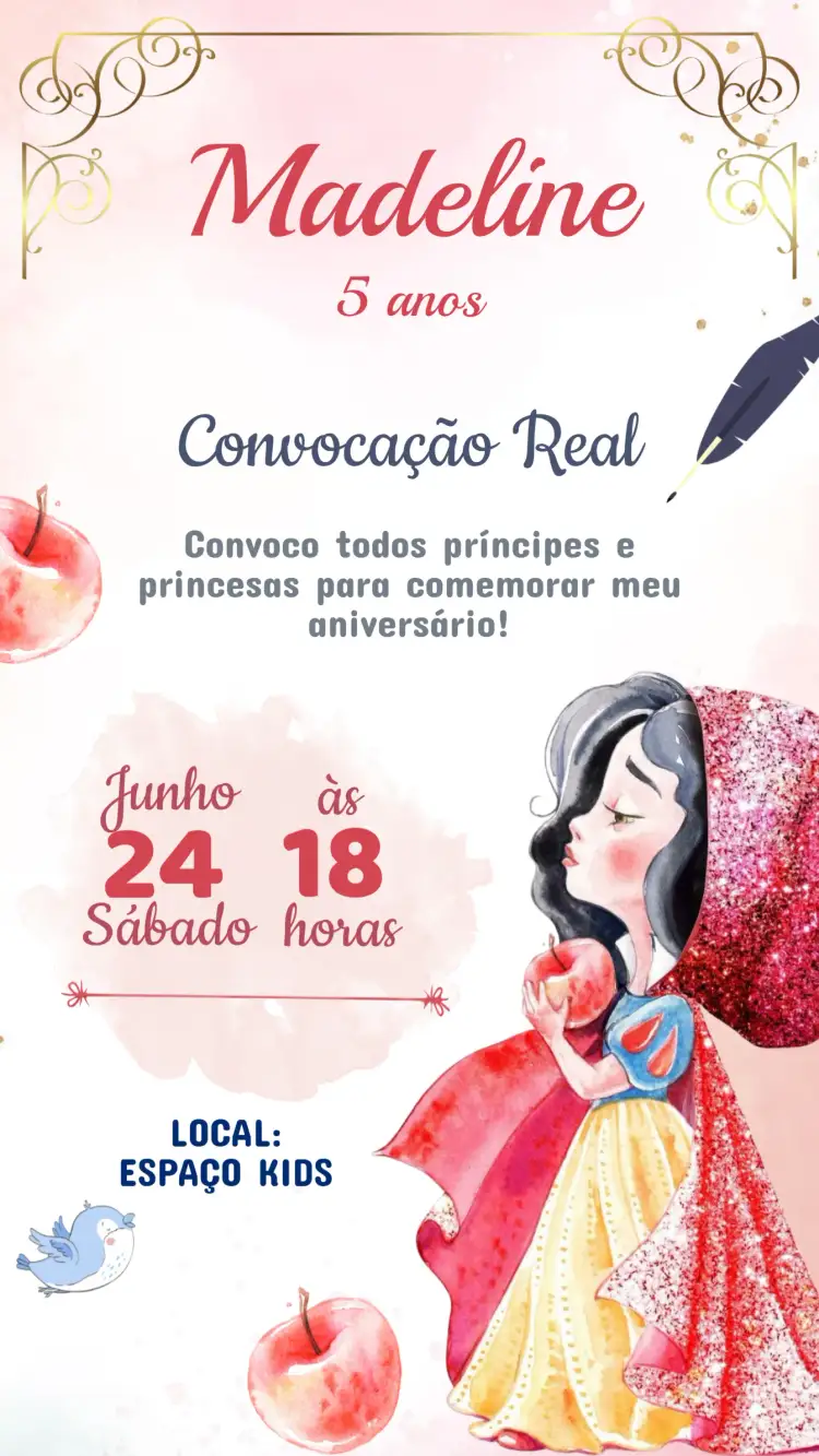 Convite Convite Aniversário Branca de Neve – tema Aniversário Infantil cores vibrantes, temática de contos de fadas, elementos gráficos de princesas, estilo lúdico, design encantador