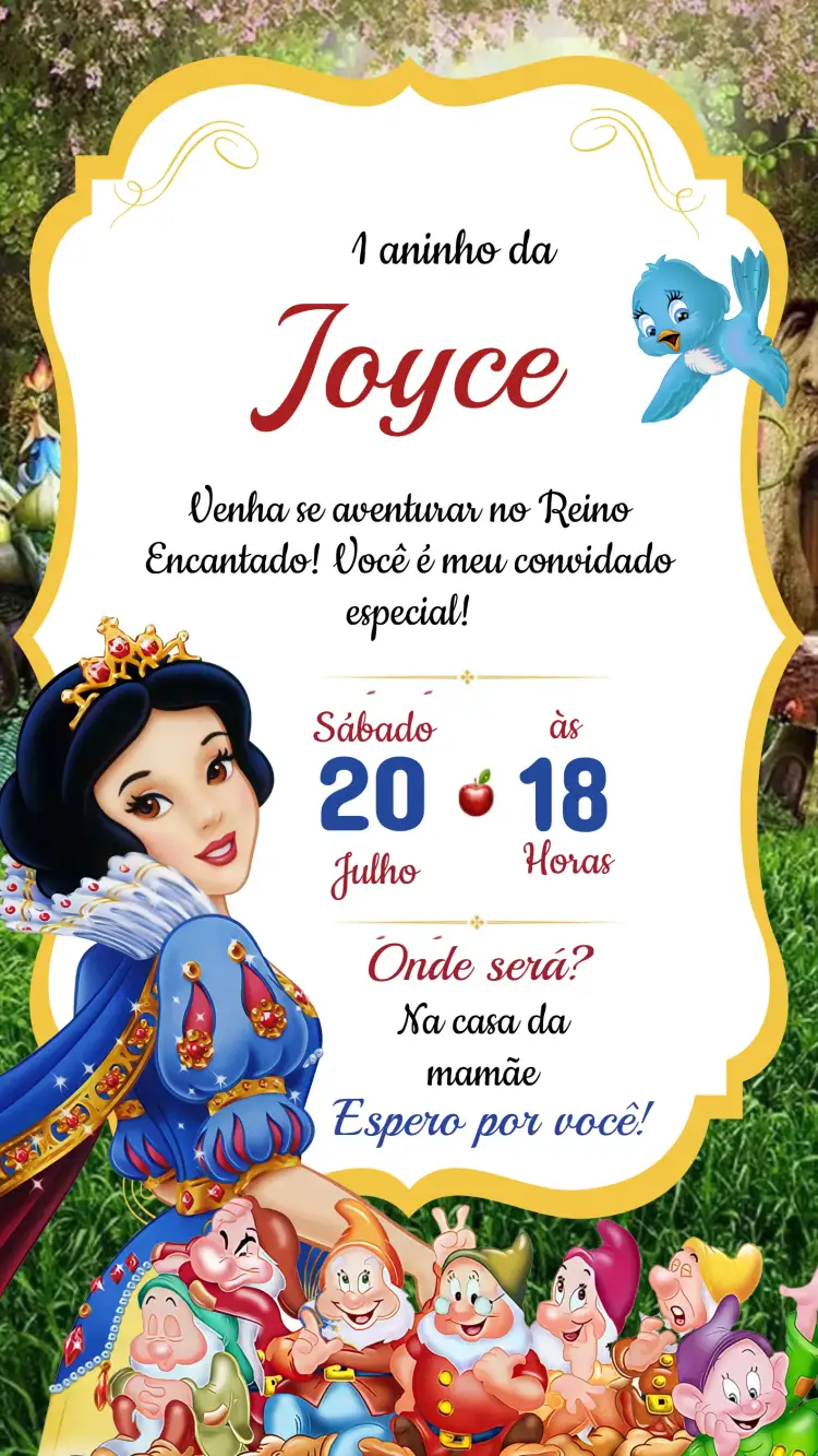 Convite Convite Aniversário Branca de Neve – tema Aniversário Infantil cores suaves, fantasia, ilustrações infantis, estilo lúdico, elementos da floresta, toque mágico