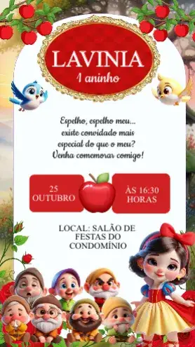 Convite Convite Aniversário Branca de Neve Baby – tema Aniversário Infantil cores vibrantes, estilo cinderela, elementos de contos de fadas, design encantador, estética mágica