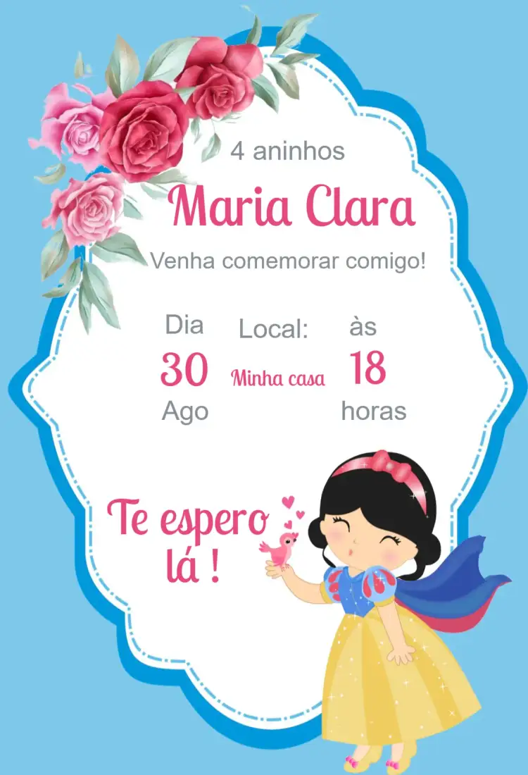 Convite Convite aniversário Branca de Neve – tema Aniversário Infantil mágico, colorido, fantasia, infantil, princesa, conto de fadas