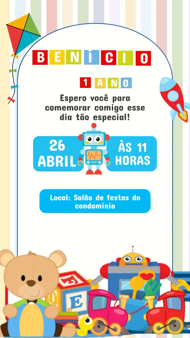 Convite Convite Aniversário Brinquedos – tema Aniversário Infantil colorido, brincalhão, divertido, ilustrações de brinquedos, estilo infantil, animado