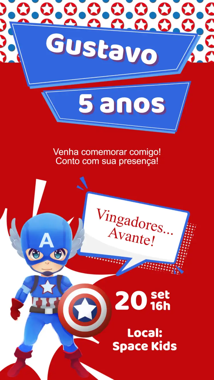 Convite Convite Aniversário Capitão América – tema Aniversário Infantil super-heróis, Marvel, aventura, quadrinhos, temática infantil