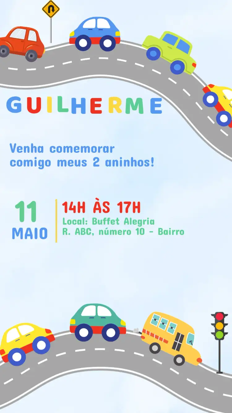 Convite Convite Aniversário Carrinhos – tema Aniversário Infantil colorido, divertido, moderno, ilustrações de carrinhos, temática de velocidade, estilo alegre