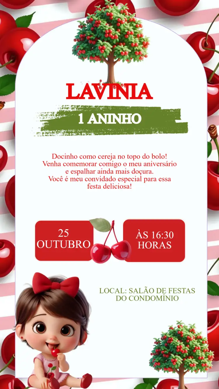 Convite Convite Aniversário Cerejinha – tema Aniversário Infantil colorido, frutal, natural, divertido, delicado