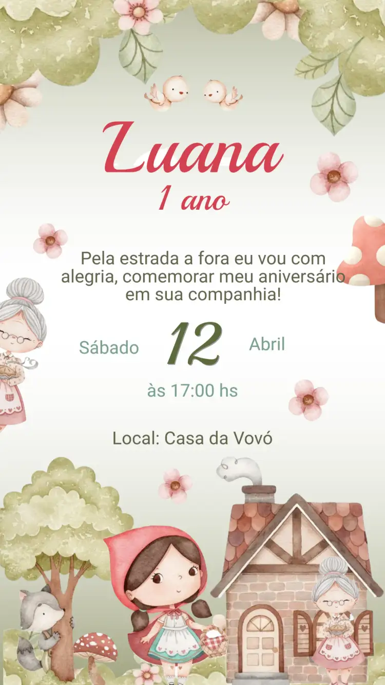 Convite Convite Aniversário Chapeuzinho Vermelho – tema Aniversário Infantil vibrante, conto de fadas, divertido, colorido, floral
