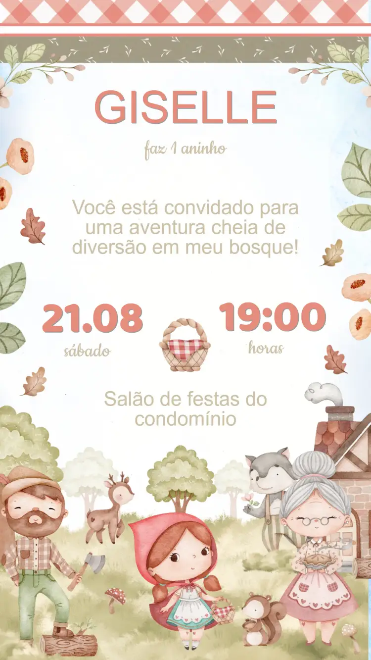 Convite Convite Aniversário Chapeuzinho Vermelho – tema Aniversário Infantil cores vibrantes, ilustrações infantis, elementos da floresta, estilo lúdico, tema de conto de fadas