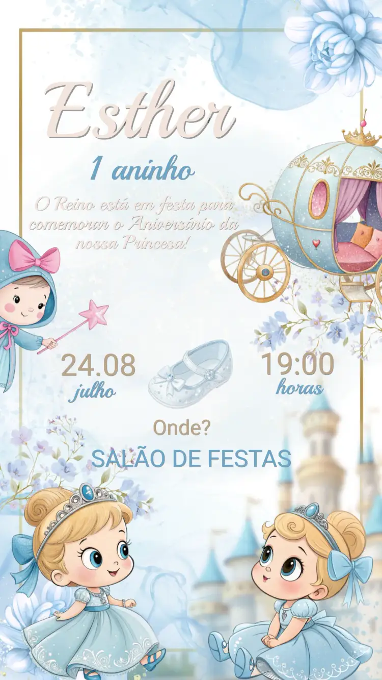 Convite Convite Aniversário Cinderela – tema Aniversário Infantil mágico, encantado, romântico, colorido, princesa, fantasia