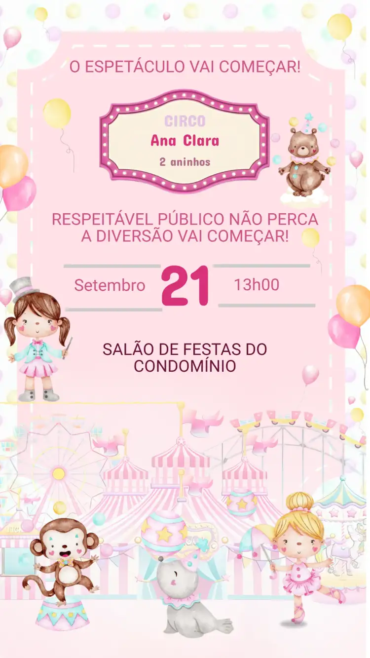 Convite Convite Aniversário CIRCO ROSA – tema Aniversário Infantil rosa, divertido, colorido, ilustrações de circo, estilo lúdico, vintage