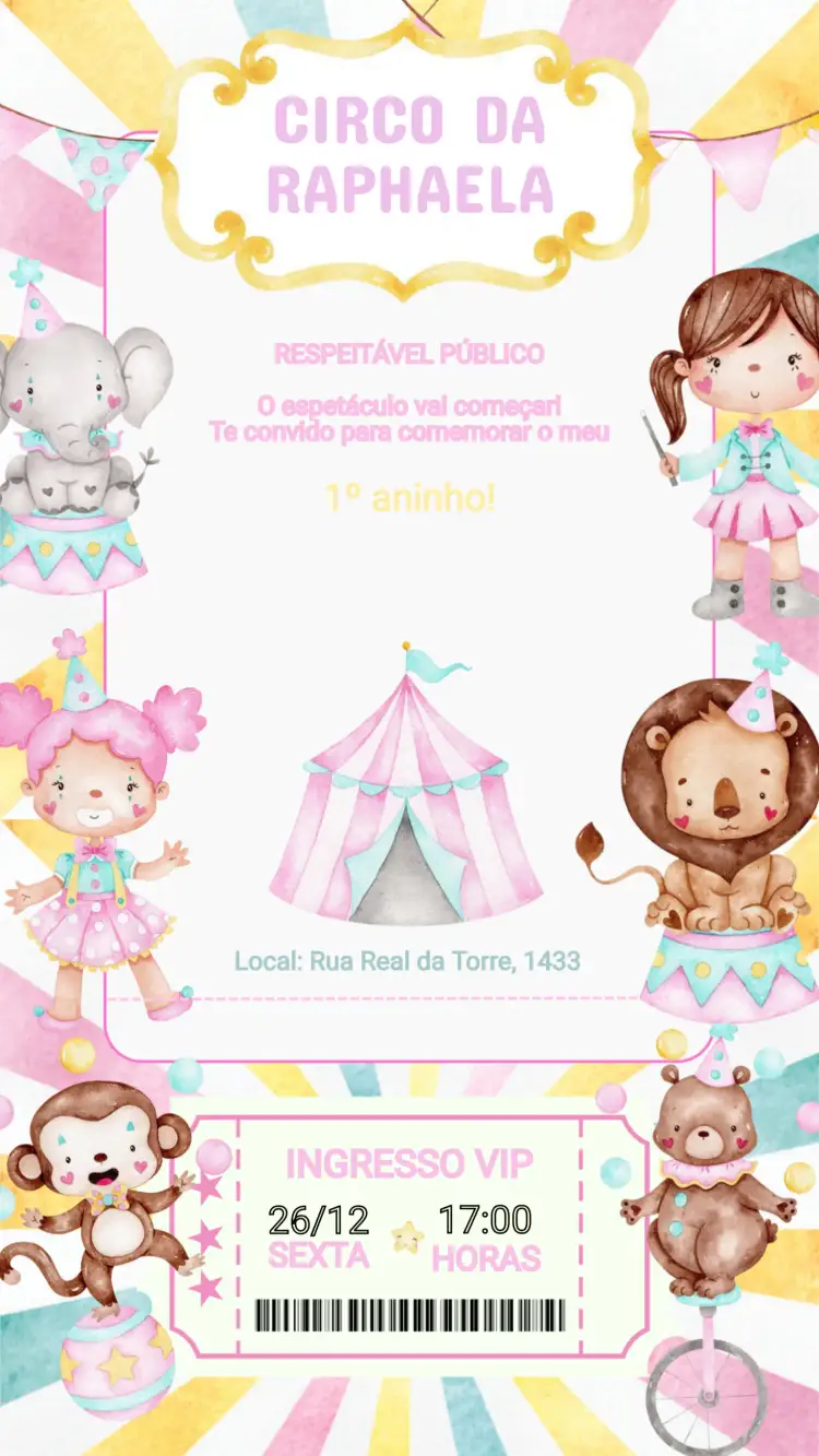 Convite Convite Aniversário Circo Rosa – tema Aniversário Infantil rosa, circo, divertido, colorido, infantil, festivo