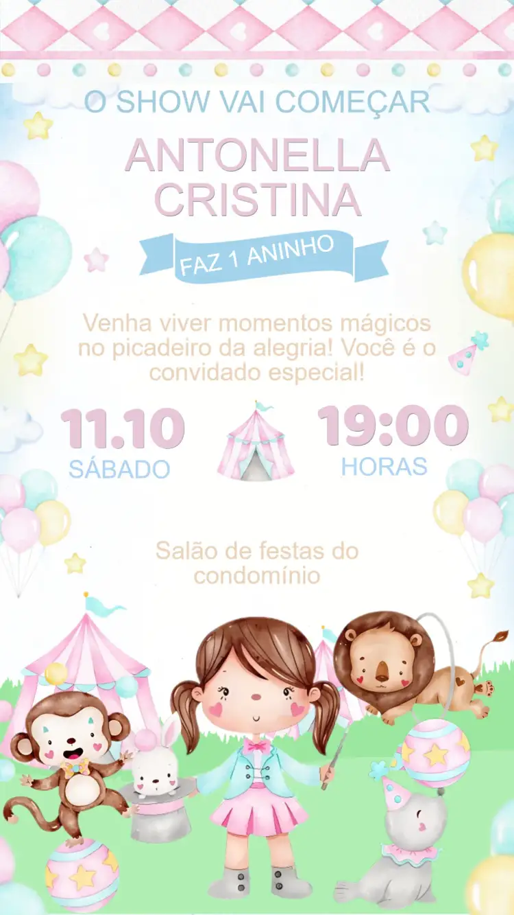 Convite Convite Aniversário Circo Rosa Aquarela – tema Aniversário Infantil aquarela, rosa, circo, infantil, divertido