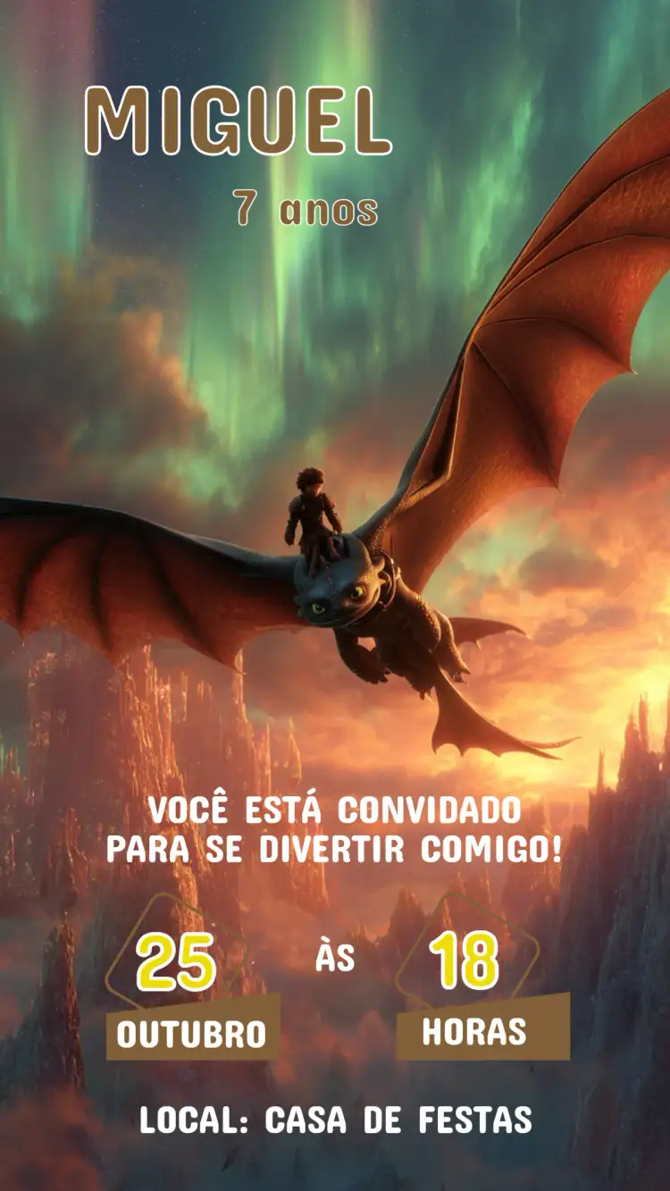 Convite Convite Aniversário Como treinar O seu dragão – tema Aniversário Infantil colorido, aventura, fantasia, ilustrações de dragões, divertido, infantil