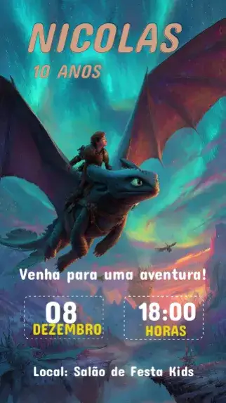 Convite Convite Aniversário Como treinar O seu dragão – tema Aniversário Infantil colorido, fantasia, aventura, ilustrações de dragões, divertido