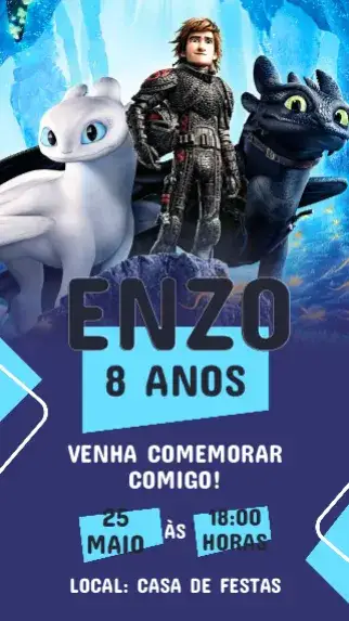 Convite Convite Aniversário Como treinar O seu dragão – tema Aniversário Infantil aventura, fantasia, colorido, divertido, ilustrações de dragões, místico