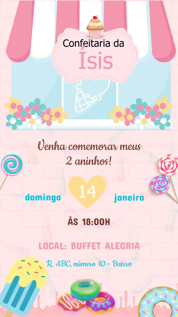 Convite Convite Aniversário Confeitaria – tema Aniversário Infantil cores pastel, estilo divertido, elementos gráficos de doces, design colorido, tema de festa infantil, ilustrações de bolos