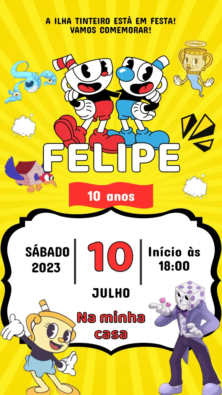 Convite Convite Aniversário CupHead – tema Aniversário Infantil colorido, divertido, lúdico, jogos, caracteres de animação