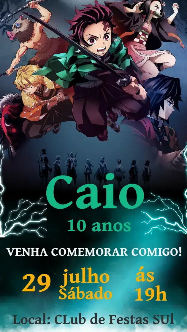Convite Convite Aniversário Damon Slayer - Tanjiro para Meninos – tema Aniversário Infantil anime, colorido, divertido, moderno, temático