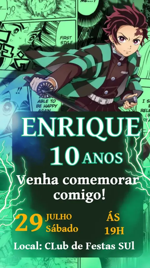 Convite Convite Aniversário Damon Slayer - Tanjiro para Meninos – tema Aniversário Infantil anime, aventura, colorido, jovial, temático, divertido