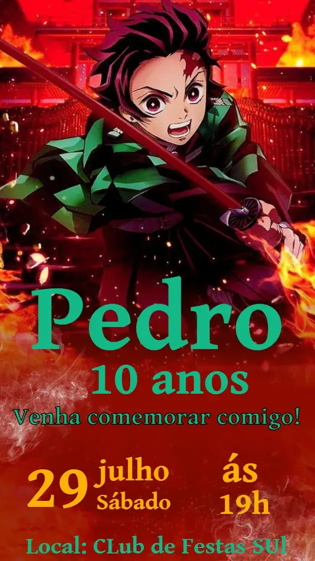 Convite Convite Aniversário Damon Slayer - Tanjiro para Meninos – tema Aniversário Infantil vermelho, temática de anime, aventura, grafismos modernos, ilustrações dinâmicas