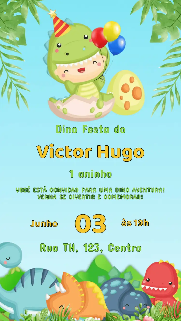 Convite Convite Aniversário Dino Baby – tema Aniversário Infantil colorido, divertido, ilustrações de dinossauros, tema de pré-história, estilo lúdico, gráficos infantis