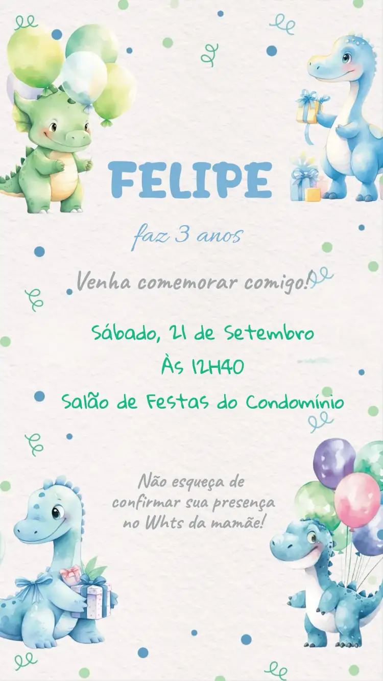 Convite Convite Aniversário Dino Baby – tema Aniversário Infantil aquarela, colorido, lúdico, moderno, animado, infantil