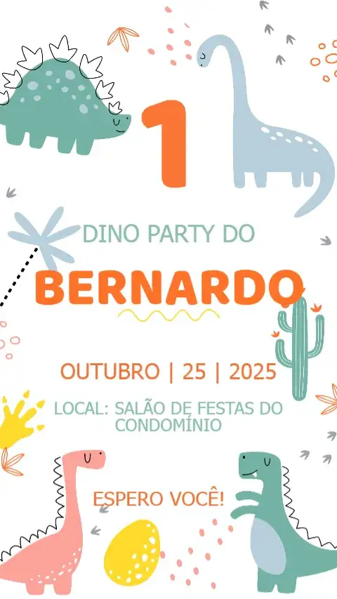 Convite Convite Aniversário Dino Party – tema Aniversário Infantil colorido, divertido, ilustrações de dinossauros, temática pré-histórica, jovial, alegre