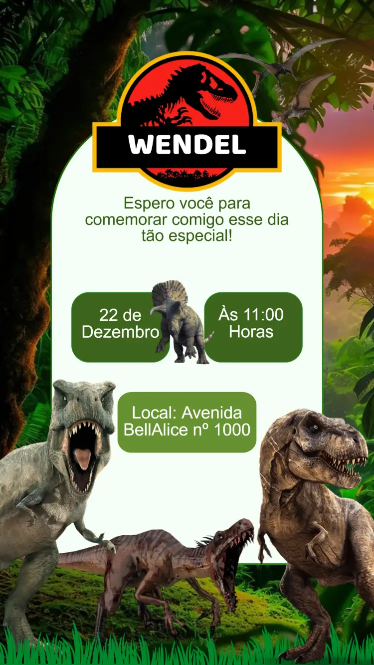 Convite Convite Aniversário Dinossauro – tema Aniversário Infantil jurássico, aventura, selva, pré-história, cores vibrantes, elementos gráficos divertidos