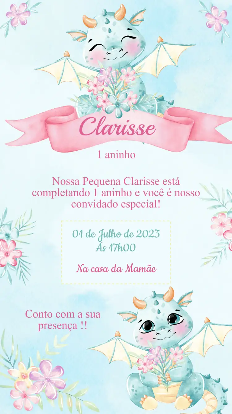 Convite Convite Aniversário Dragão aquarela – tema Aniversário Infantil aquarela, fantasia, colorido, infantil, lúdico
