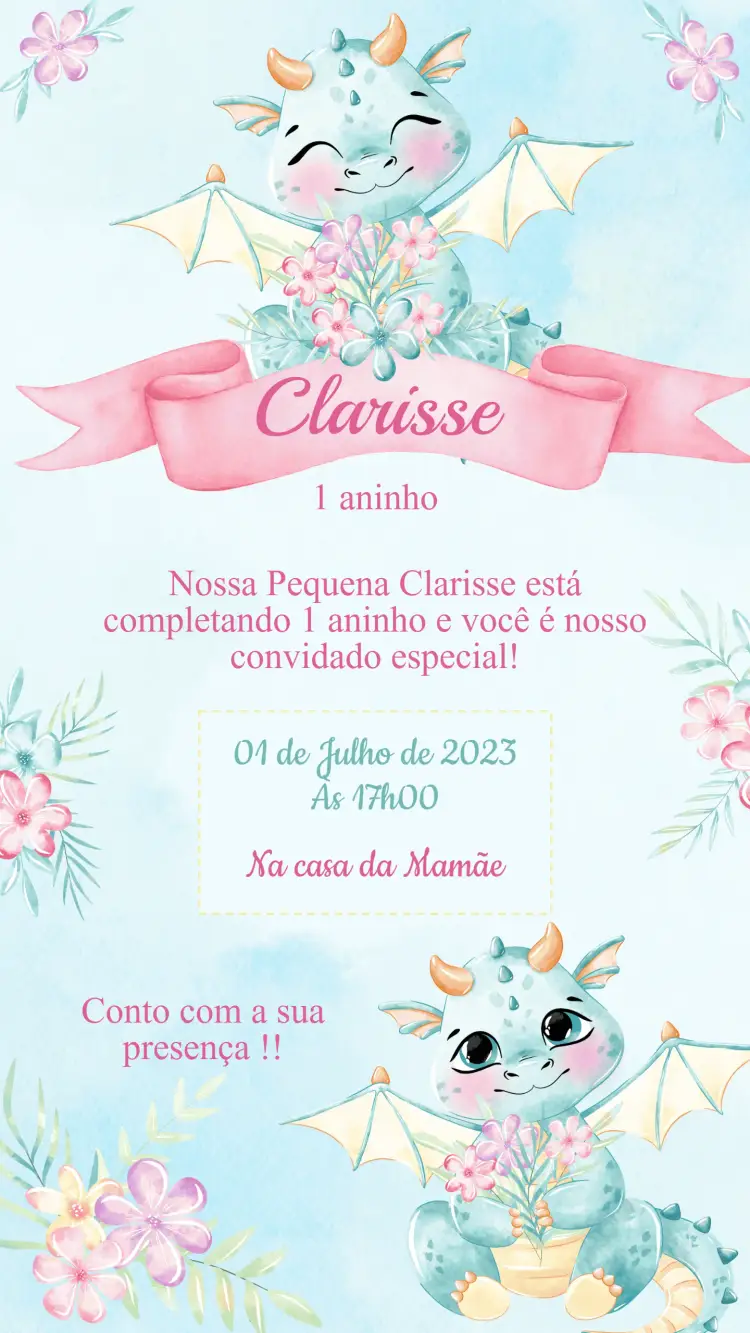 Convite Aniversário Dragão aquarela