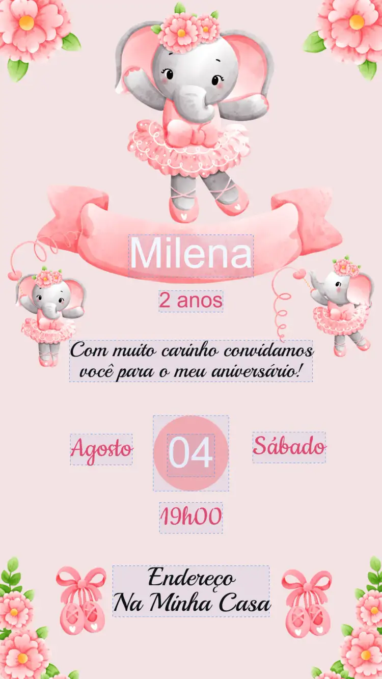 Convite Convite Aniversário Elefanta bailarina – tema Aniversário Infantil cores pastel, lúdico, divertido, ilustração infantil, estilo moderno, design delicado
