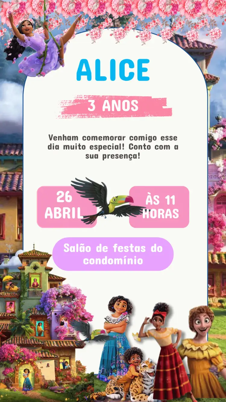 Convite Convite Aniversário Encanto – tema Aniversário Infantil cores pastel, elementos de fábula, ilustrações lúdicas, estilo encantado, design colorido