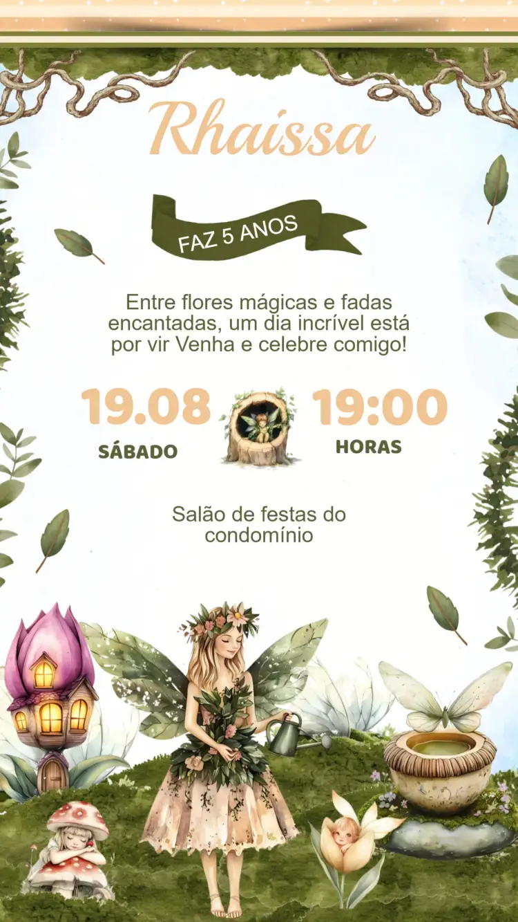 Convite Convite Aniversário Fadas – tema Aniversário Infantil fantasia, mágico, cores pastel, ilustrações de fadas, brilho e estrelas, natureza encantada