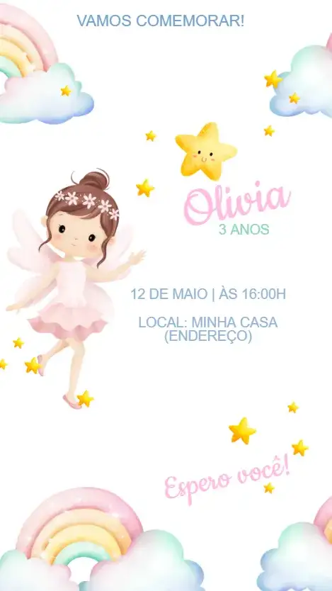 Convite Convite Aniversário Fadinha – tema Aniversário Infantil cores pastel, fantasia, elementos de fada, ilustrações lúdicas, estilo encantado, detalhes florais