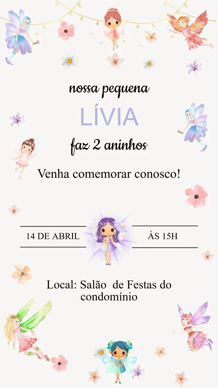 Convite Convite Aniversário Fadinhas – tema Aniversário Infantil fadas, jardim encantado, floral