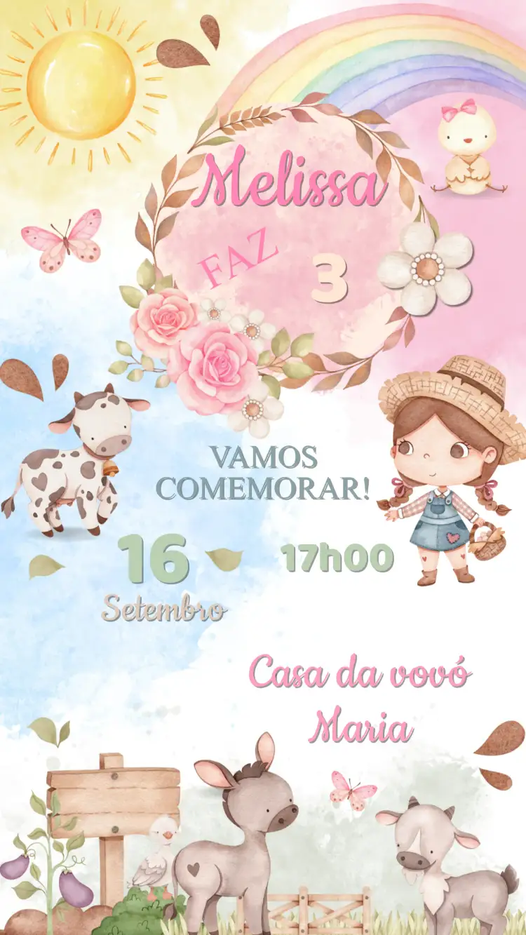 Convite Convite Aniversário Fazendinha – tema Aniversário Infantil rural, colorido, animais, natureza, divertido