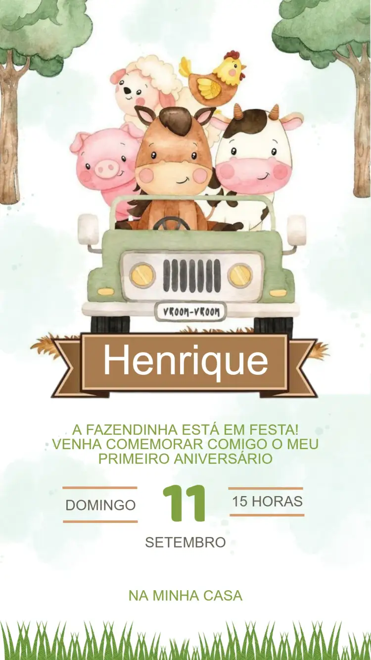 Convite Convite Aniversário Fazendinha – tema Aniversário Infantil colorido, rústico, natureza, lúdico, divertido