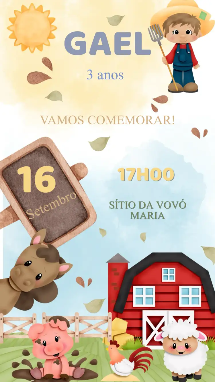 Convite Convite Aniversário Fazendinha – tema Aniversário Infantil rural, colorido, divertido, natureza, animais