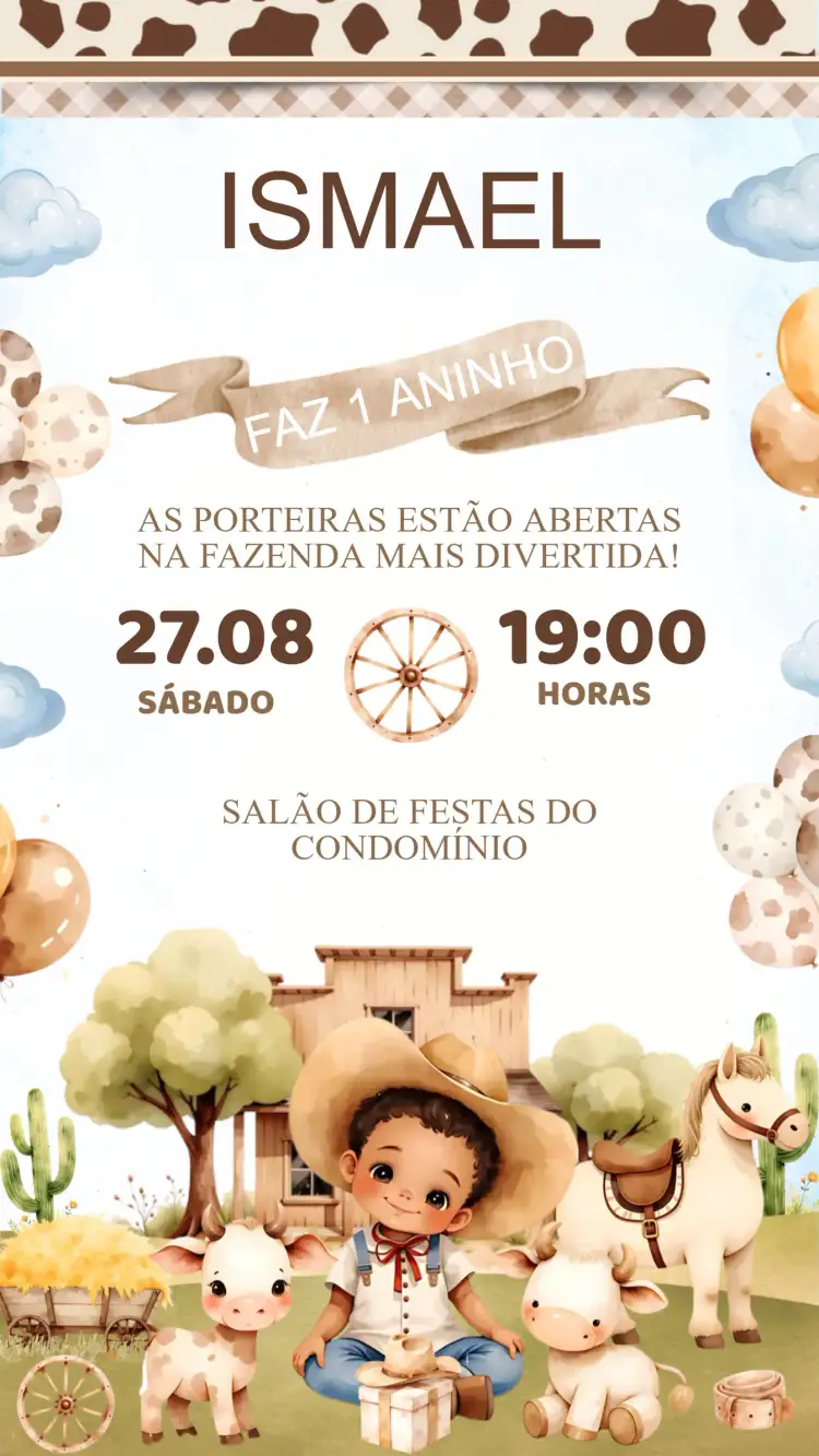 Convite Convite Aniversário Fazendinha – tema Aniversário Infantil rústico, colorido, lúdico, natureza, divertido, campestre