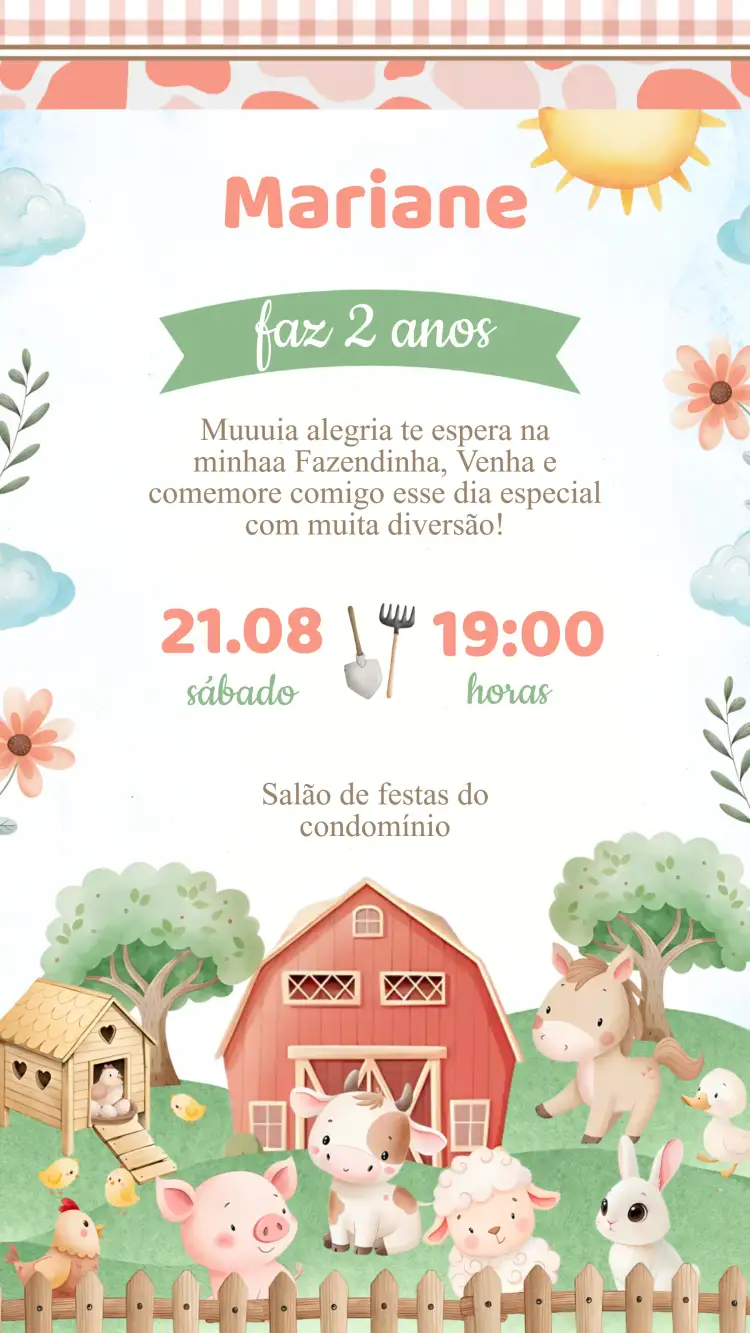 Convite Convite Aniversário Fazendinha – tema Aniversário Infantil colorido, rústico, divertido, infantil, campestre